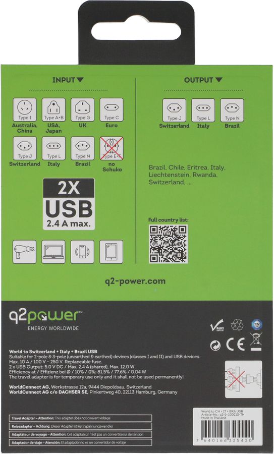 Q2 Power adaptateur mondial CH - USB