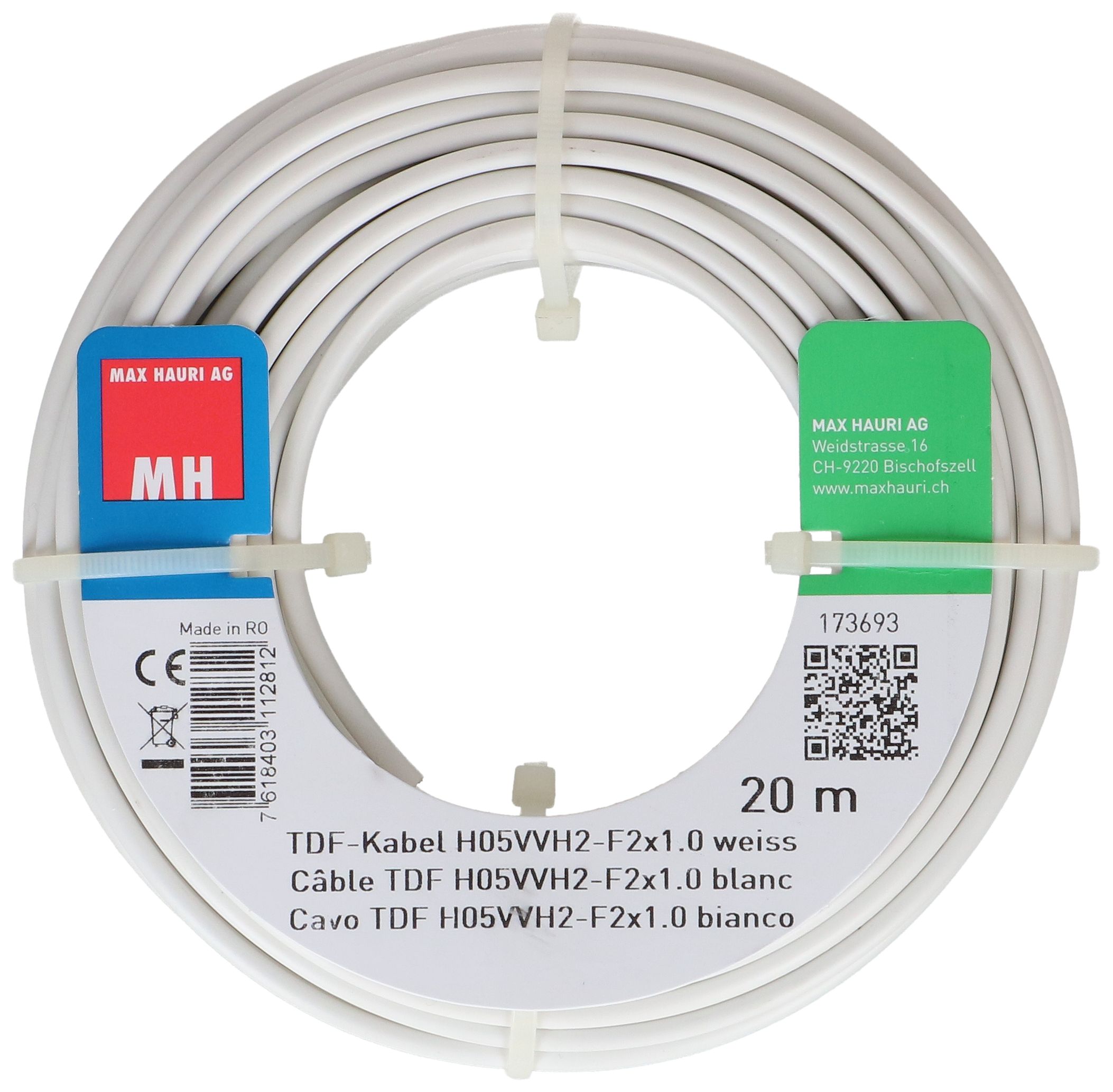TDF-Kabel H05VVH2-F2X1.0 20m weiss