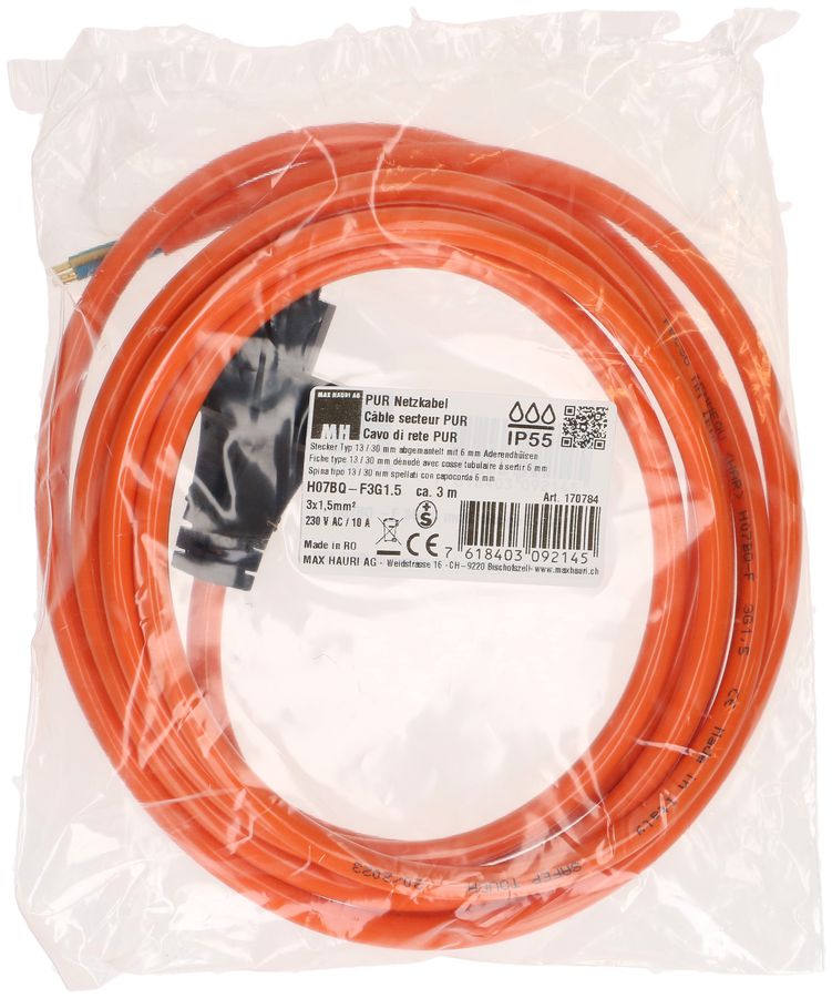 PUR câble secteur H07BQ-F3G1.5mm2 3m orange type 13 IP55
