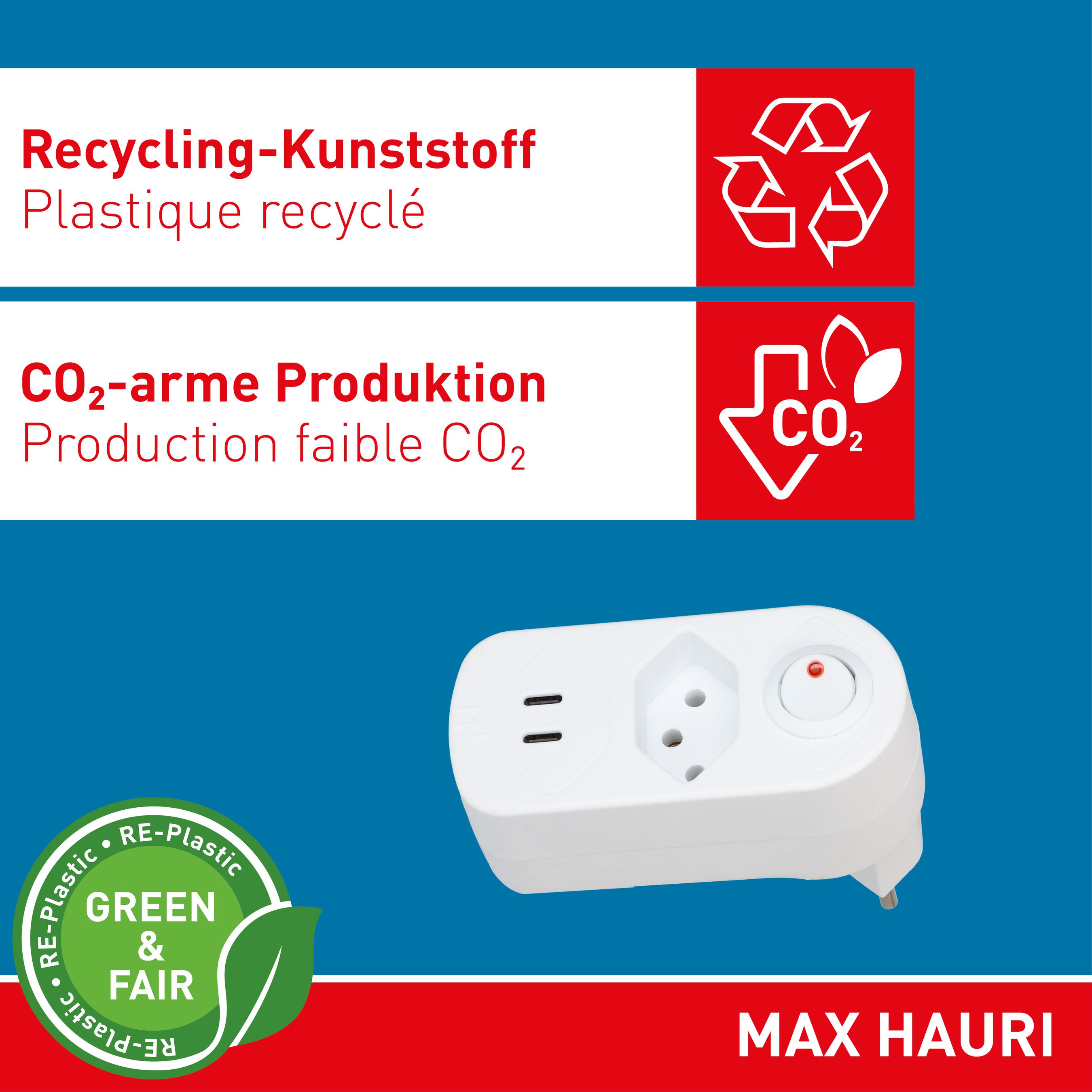 Abzweigstecker ADAPT 1x Typ 13 USB-C/C 20W ws drehbar Green+Fair