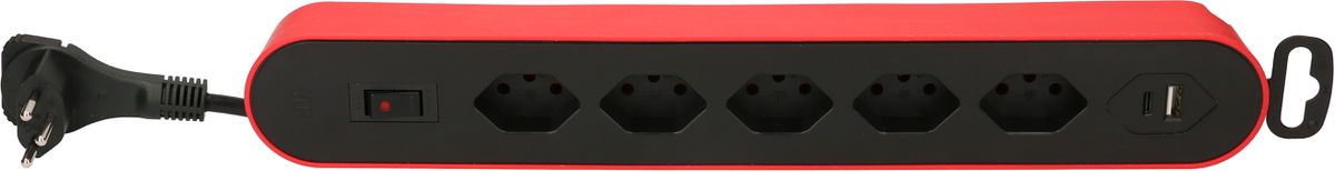 Multiple Socket Design Line 5xT13 90° 1xUSB A 1xUSB C red/black