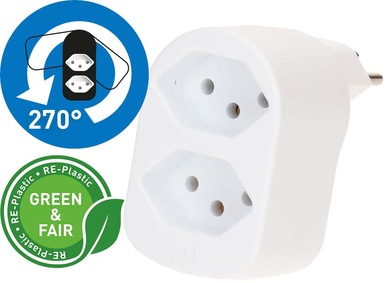 multi adaptateur ADAPT 2x type 13 blanc rotatif Green+Fair