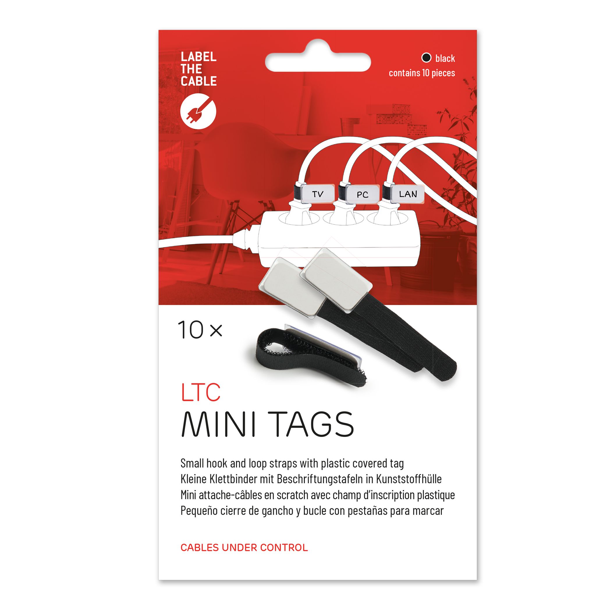 mini attache-câbles en scratch noir avec étiquette blanc /10 pcs.