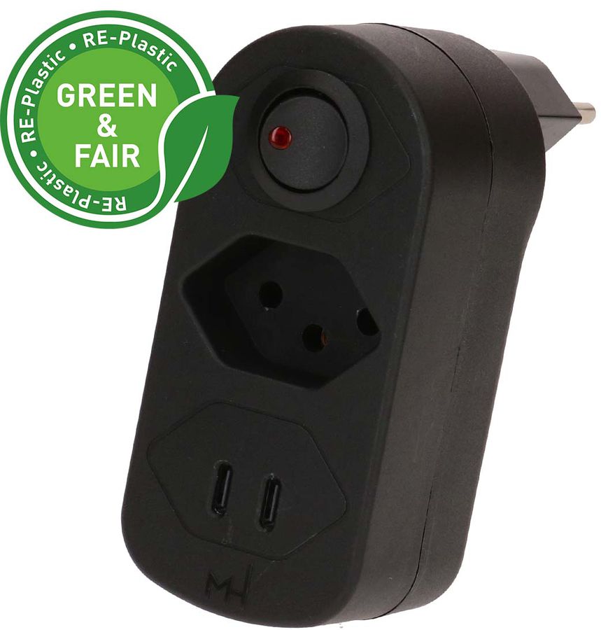 Abzweigstecker ADAPT 1x Typ 13 USB-C/C 20W sw drehbar Green+Fair
