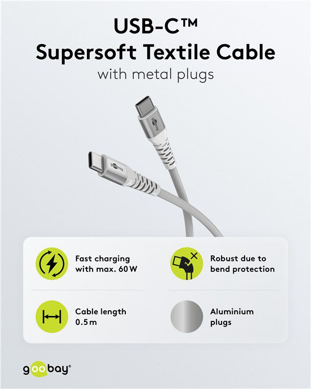 câble USB-C Supersoft textile fiches métallique 1m blanc