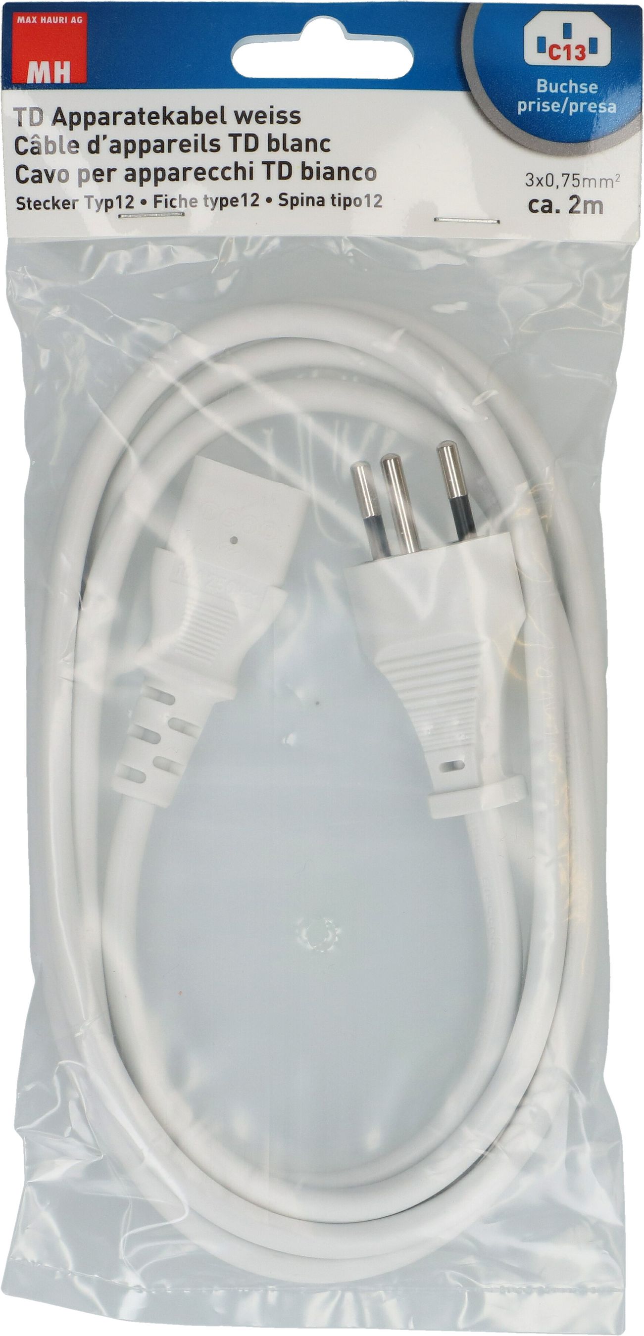 TD-câble d'appareil H05VV-F3G0.75 2m blanc T12/C13