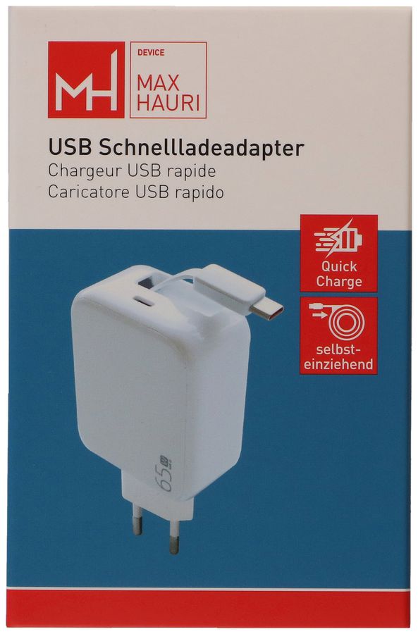 USB Schnellladeadapter GaN 1x USB-C Kabel 1x USB-C PD/QC 65W ws