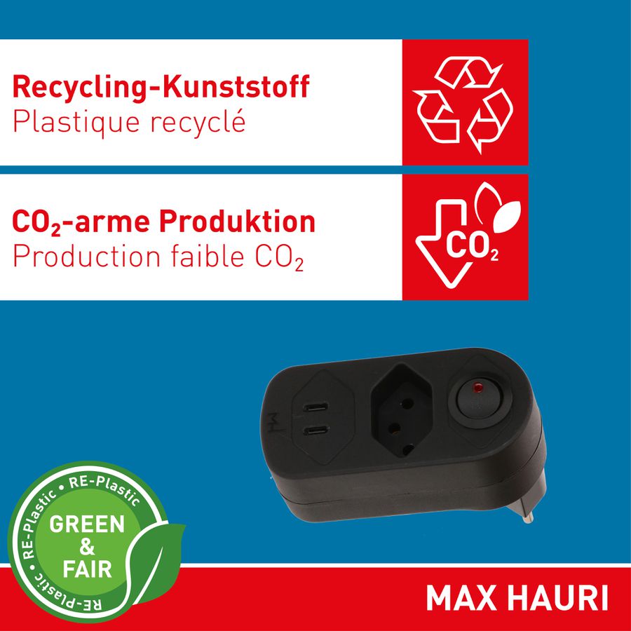 Abzweigstecker ADAPT 1x Typ 13 USB-C/C 20W sw drehbar Green+Fair