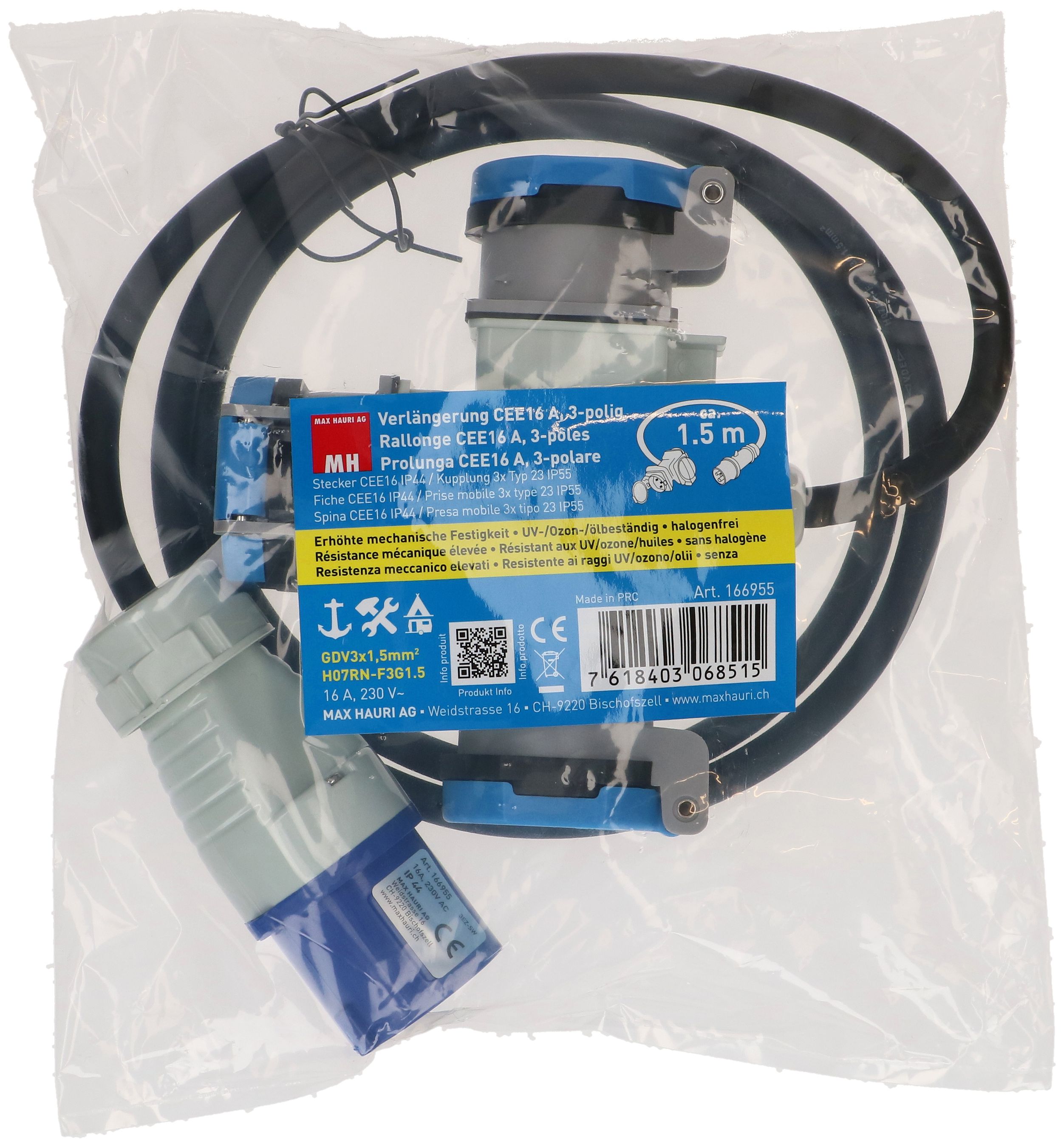 CEE-Verlängerung H07RN-F3G1.5 1.5m schwarz CEE16-3/Typ 23 IP55