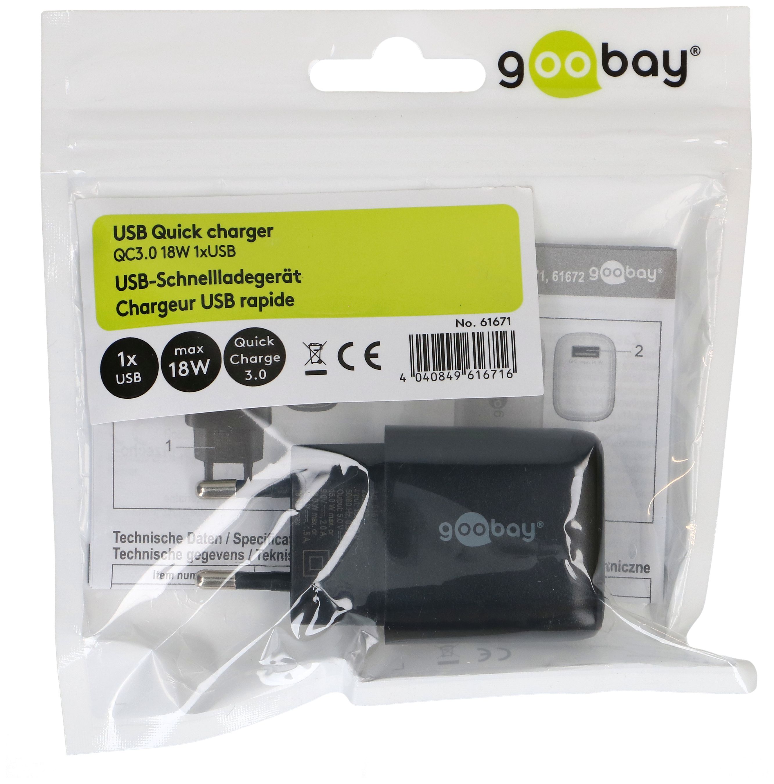 adaptateur de charge rapide USB 1x USB-A QC 18W noir