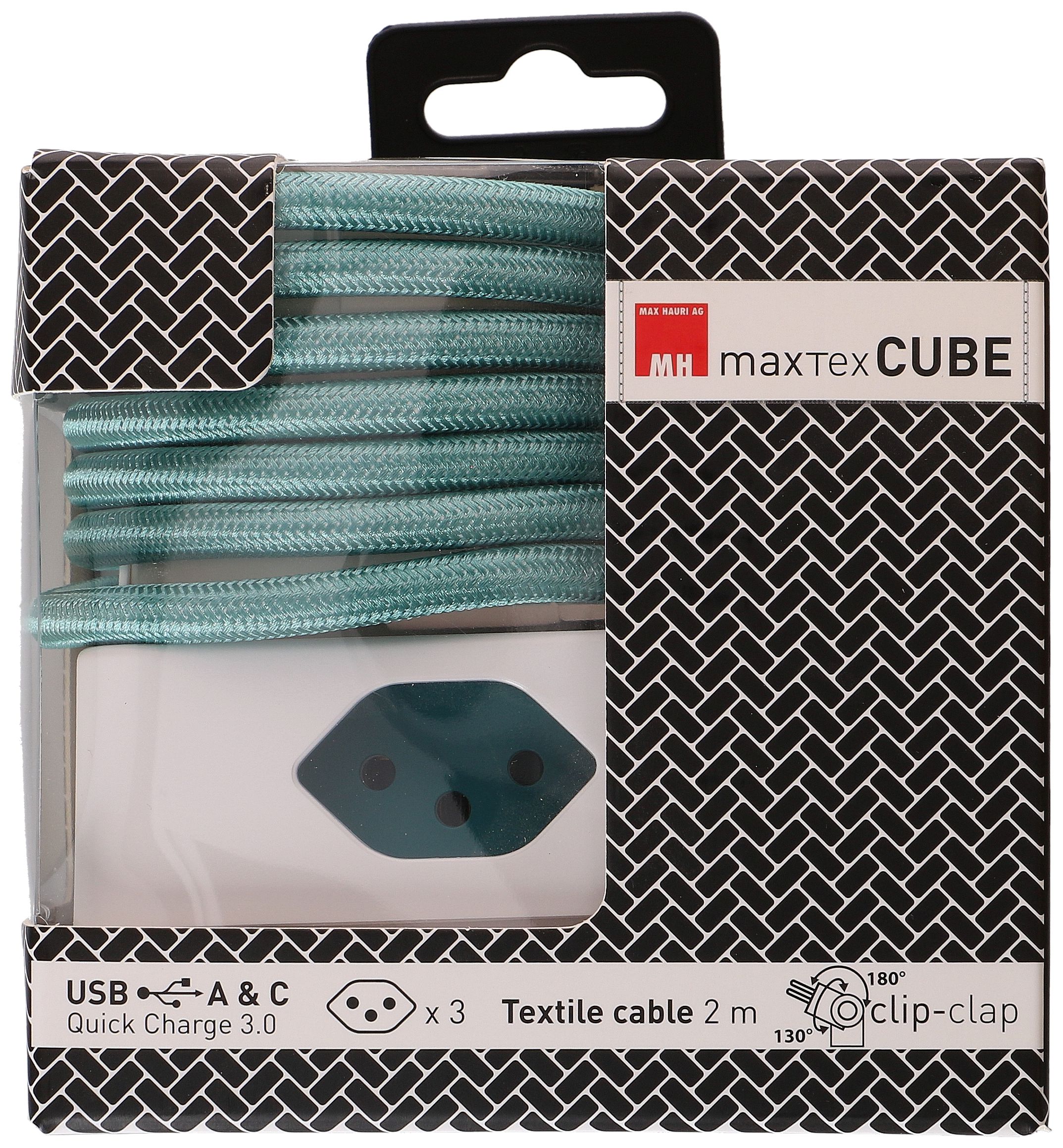 Steckdosenleiste Cube 3x Typ 13 weiss / türkis USB 2m clip-clap