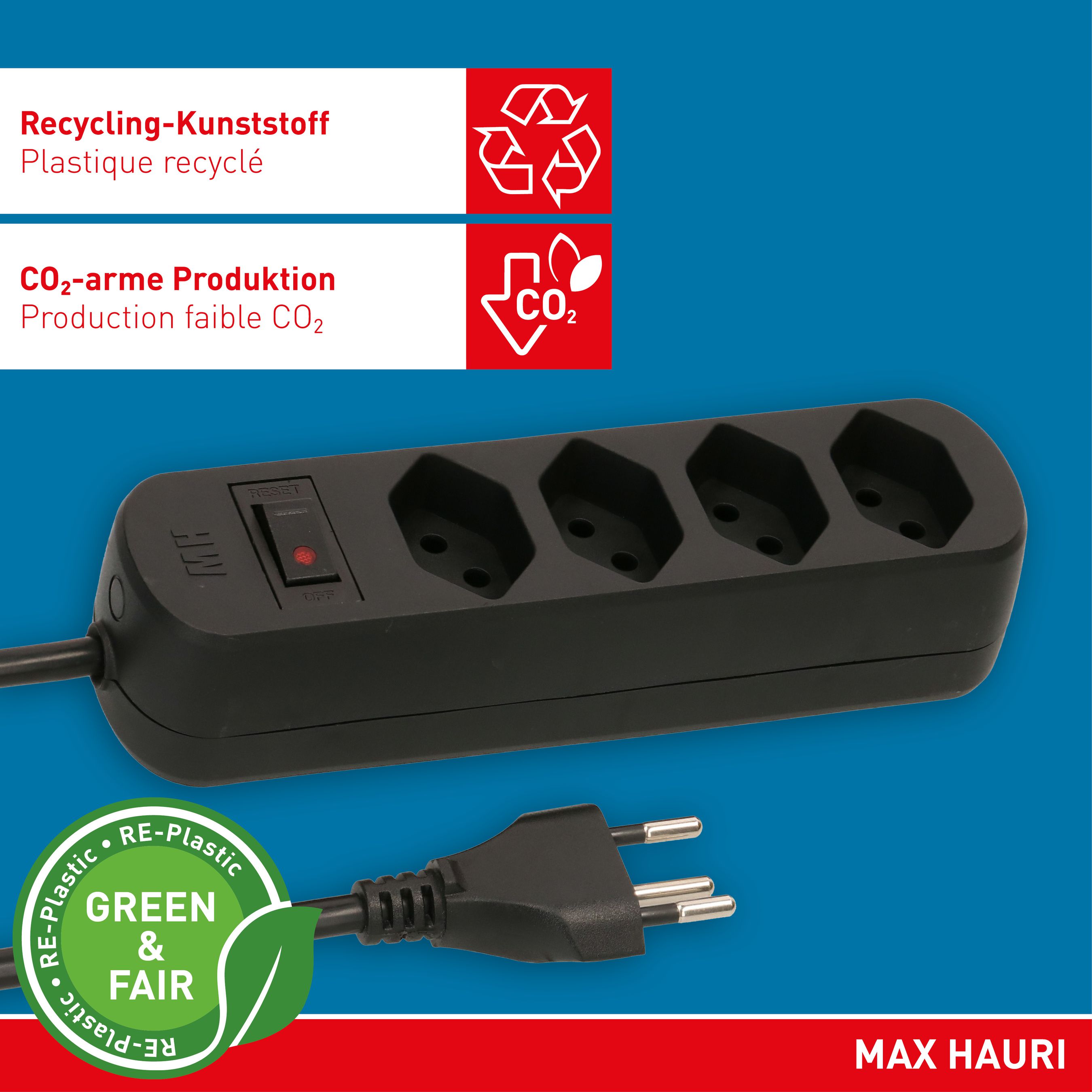 Steckdosenleiste Basic Line 4x Typ 13 sw Schalter 1.5m Green+Fair