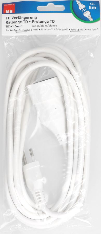 TD-Verlängerung H05VV-F3G1.0 5m weiss BS Typ 12 / Typ 13