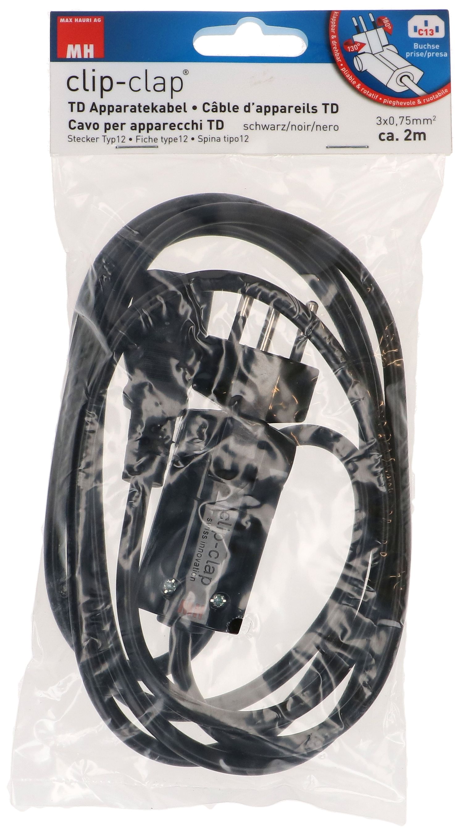 TD-Apparatekabel H05VV-F3G0.75 2m schwarz Typ 12 clip-clap/C13