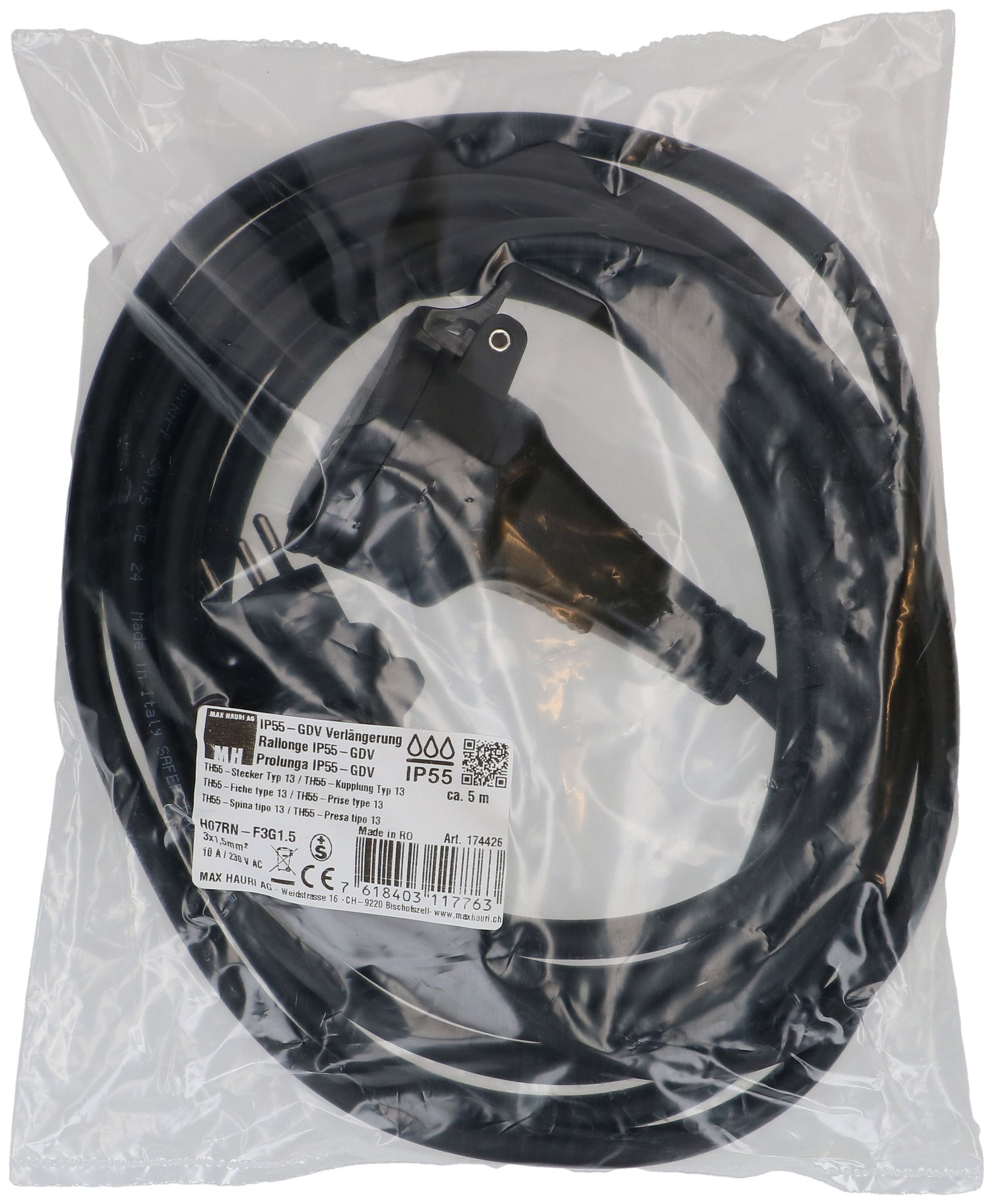IP55-GDV-Verlängerung H07RN-F3G1.5 5m schwarz Typ 13 / Typ 13