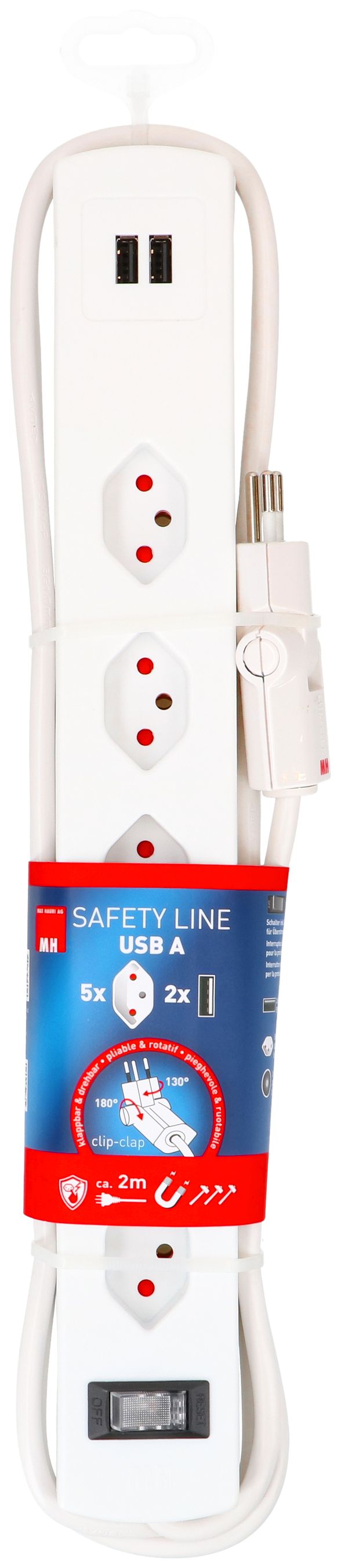 Steckdosenleiste Safety Line 5x Typ13 90° BS ws Schalter USB Mag.