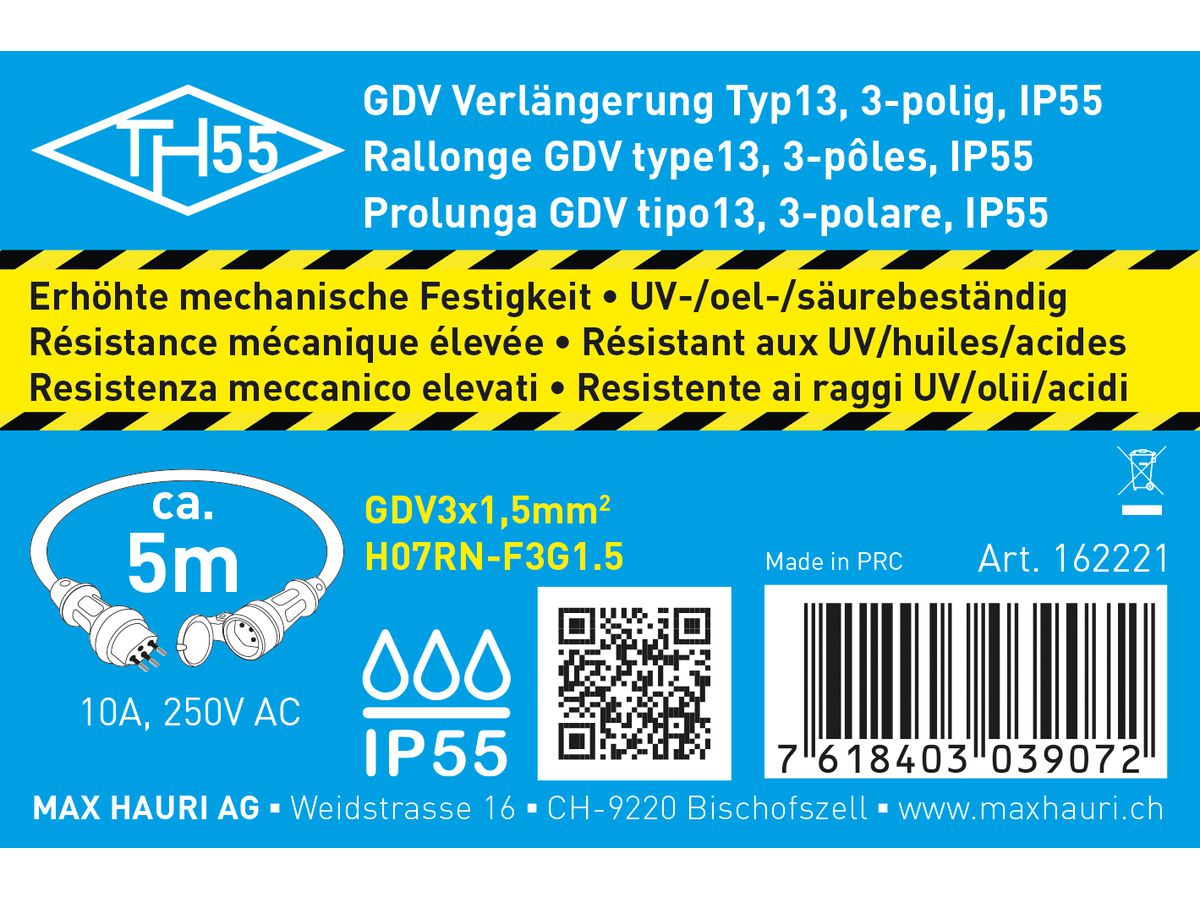 IP55-GDV-Verlängerung H07RN-F3G1.5 5m schwarz Typ 13 / Typ 13