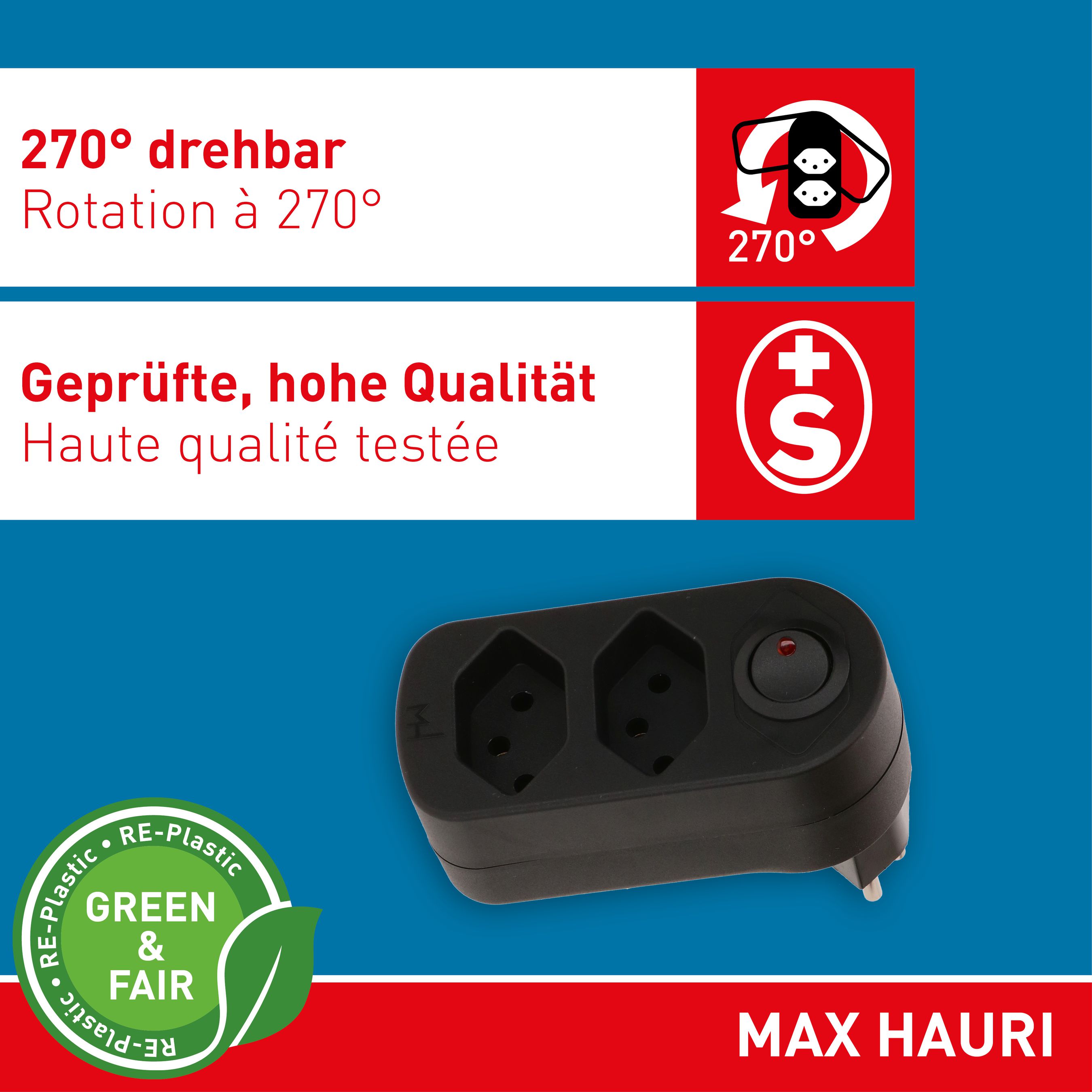 multi adaptateur ADAPT 2x type 13 noir rotatif interr. Green+Fair