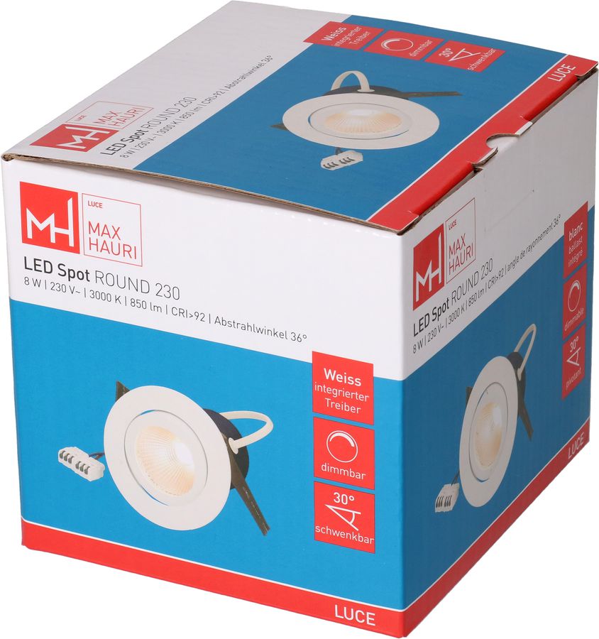 LED-Einbauspot ROUND 230 Ø80 weiss 3000K 850lm 36°