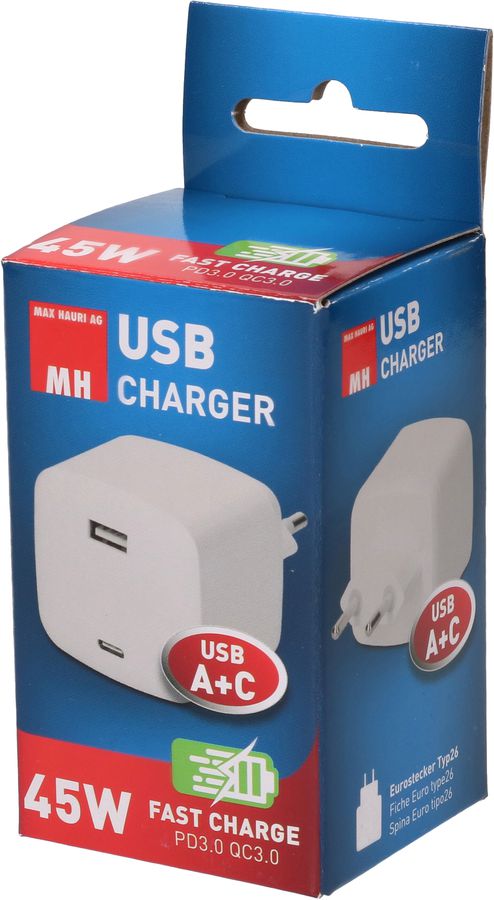 adaptateur de charge rapide USB 1x USB-C PD 1x USB-A 45W blanc