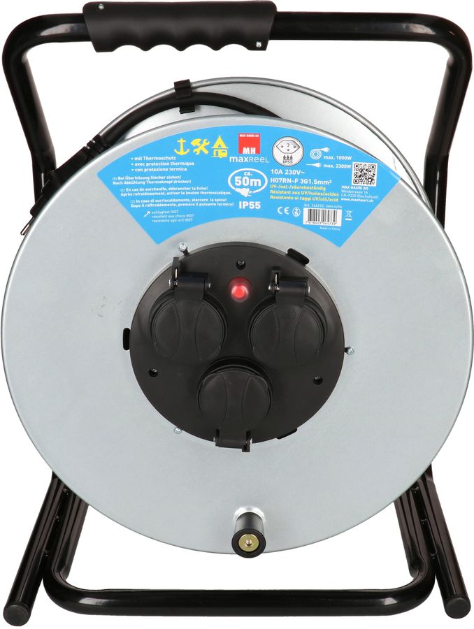 Steel cable reel IP55 with 3x sockets type 13 50m