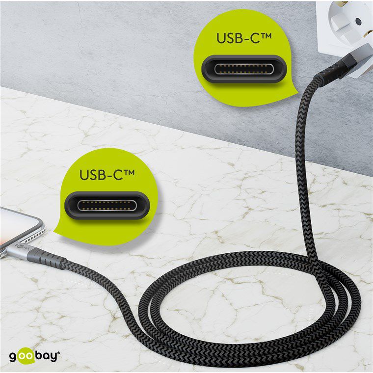 USB-C Kabel Textil Metallstecker extra robust 2.0m schwarz
