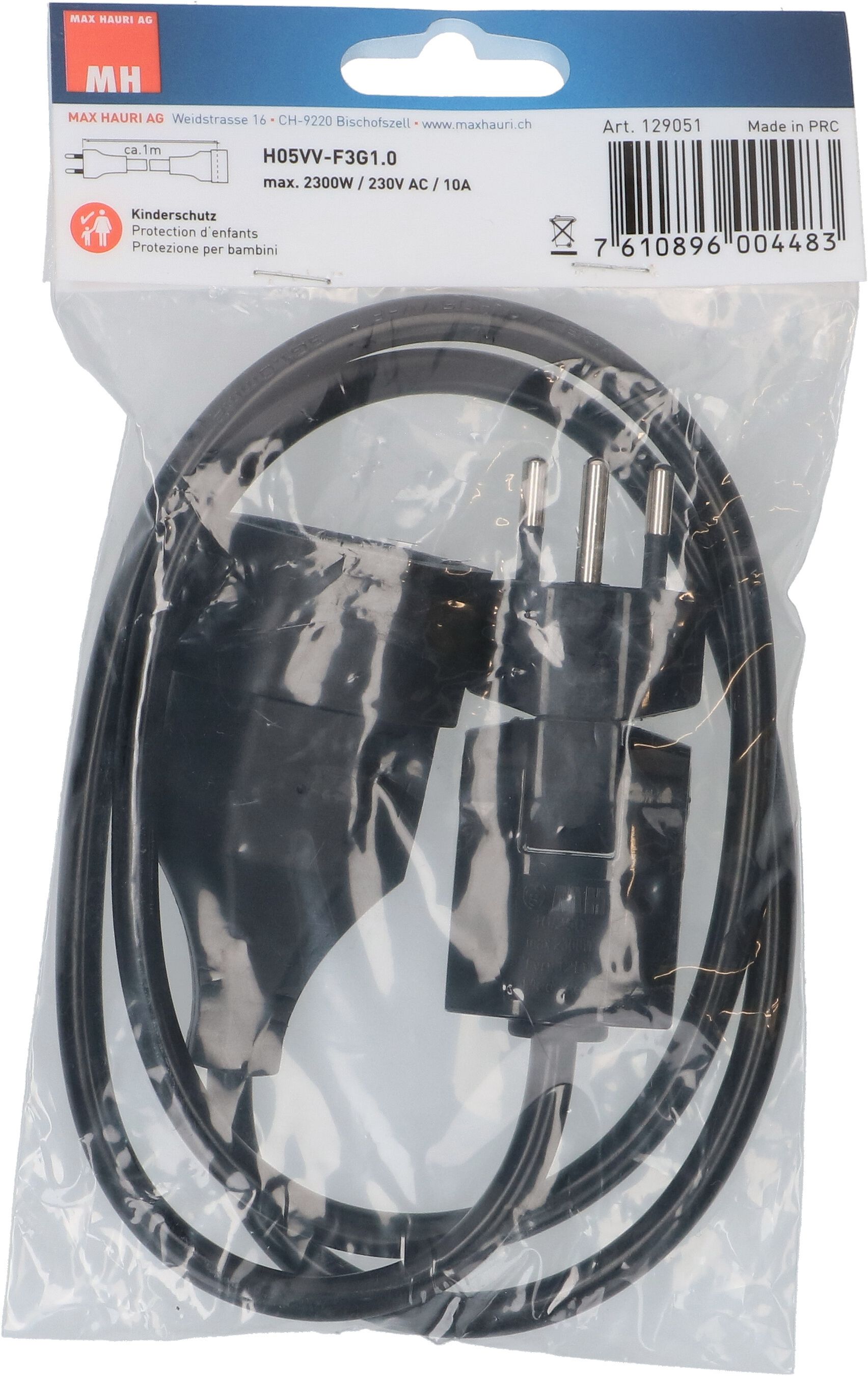 Rallonge TD H05VV-F3G1.0 1m noir clip-clap BS type 12 / type 13