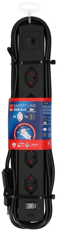 Steckdosenl. Safety Line 5xTyp 13 90° BS sw Scha. USB Mag.5m cli.