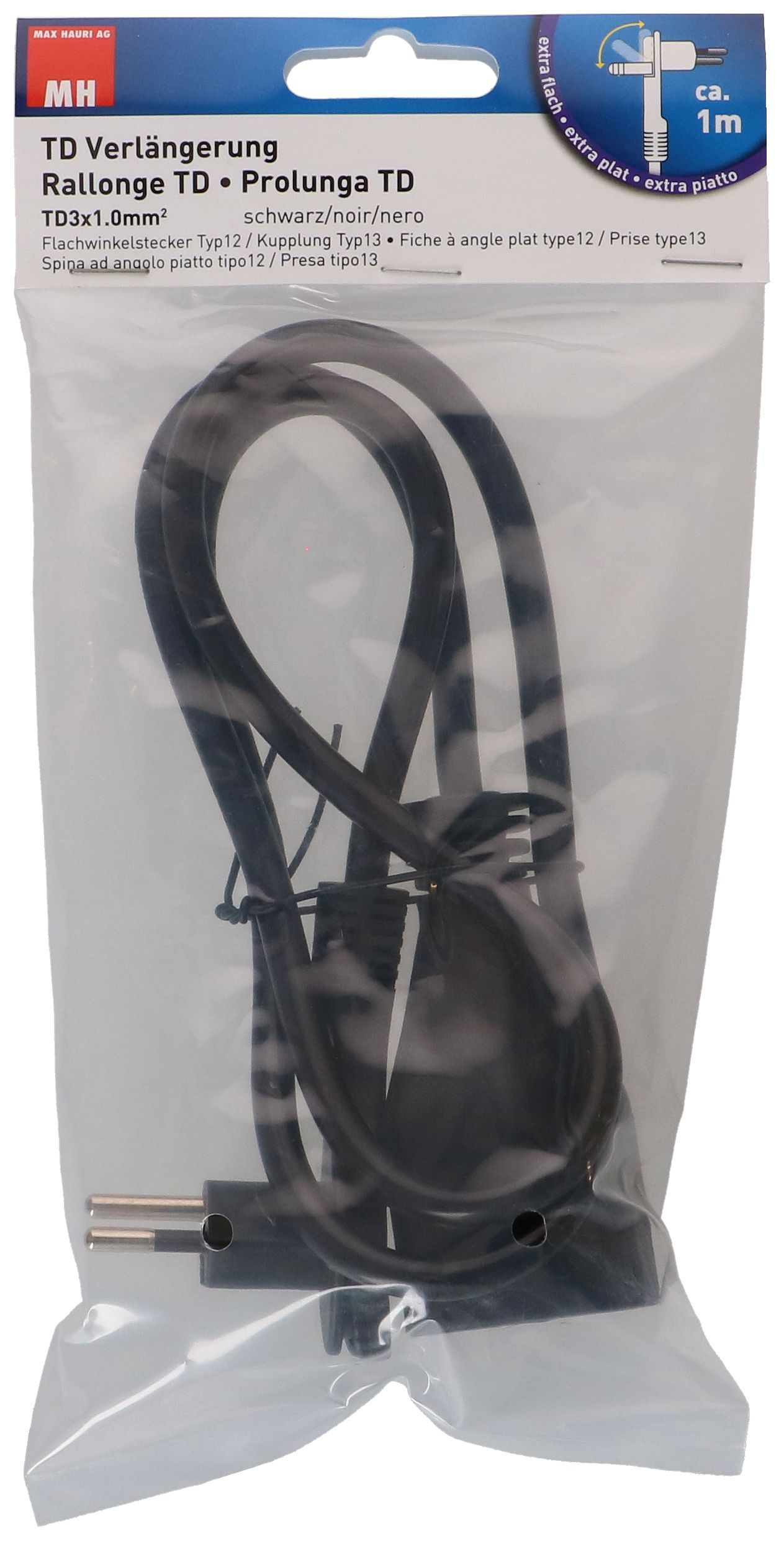 Rallonge TD H05VV-F3G1.0 1m noir à angle plat type 12