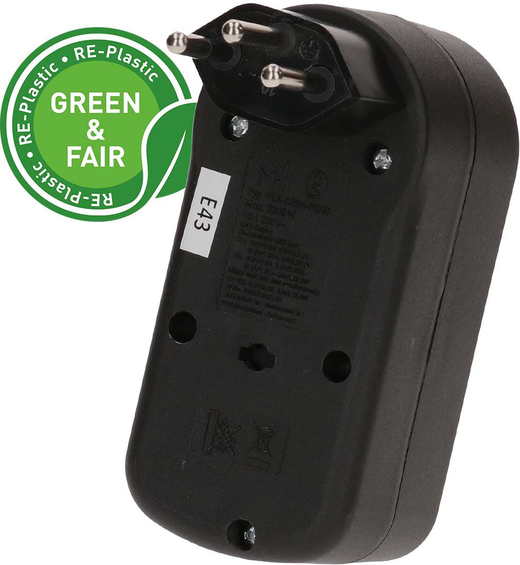 Abzweigstecker ADAPT 1x Typ 13 USB-C/C 20W sw drehbar Green+Fair