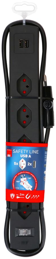 multipresa Safety Line 5x tipo 13 90° BS nero USB magnete