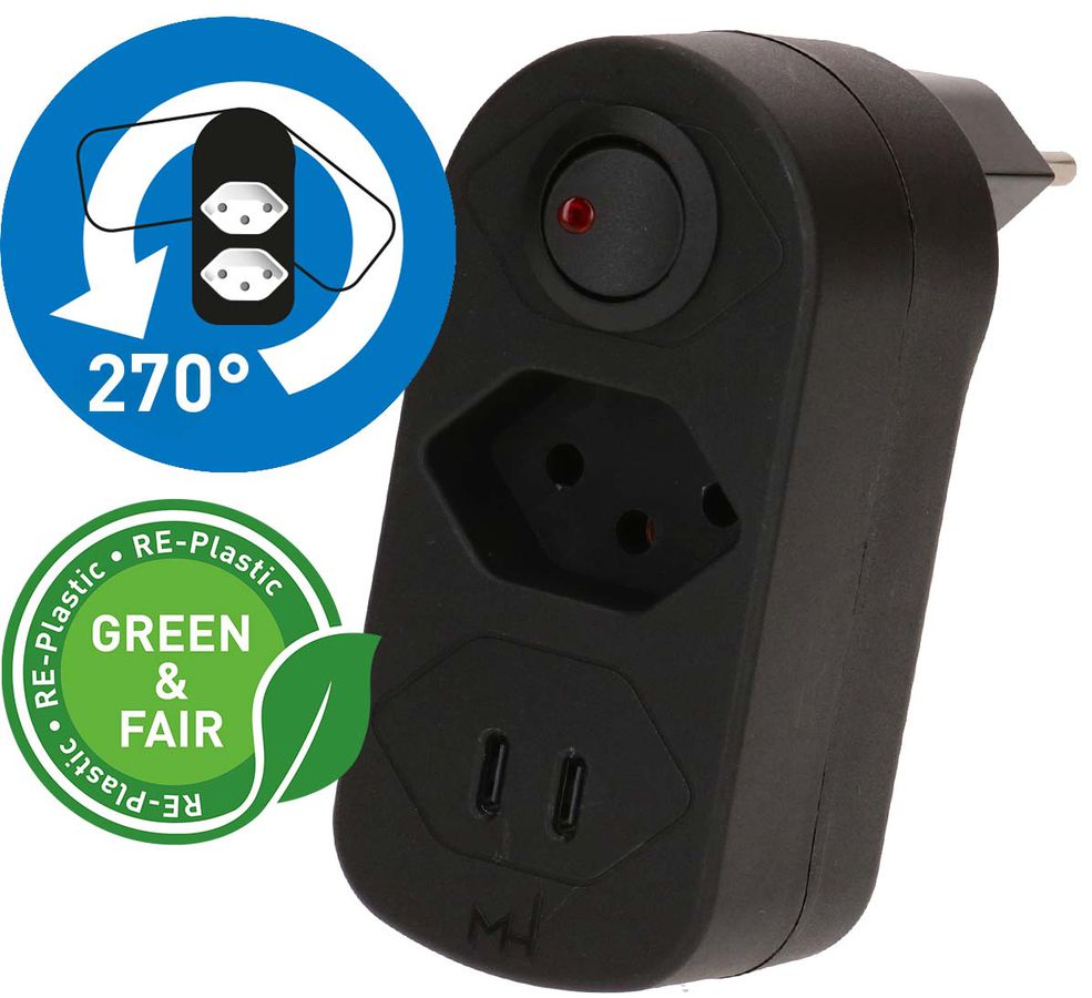 Abzweigstecker ADAPT 1x Typ 13 USB-C/C 20W sw drehbar Green+Fair