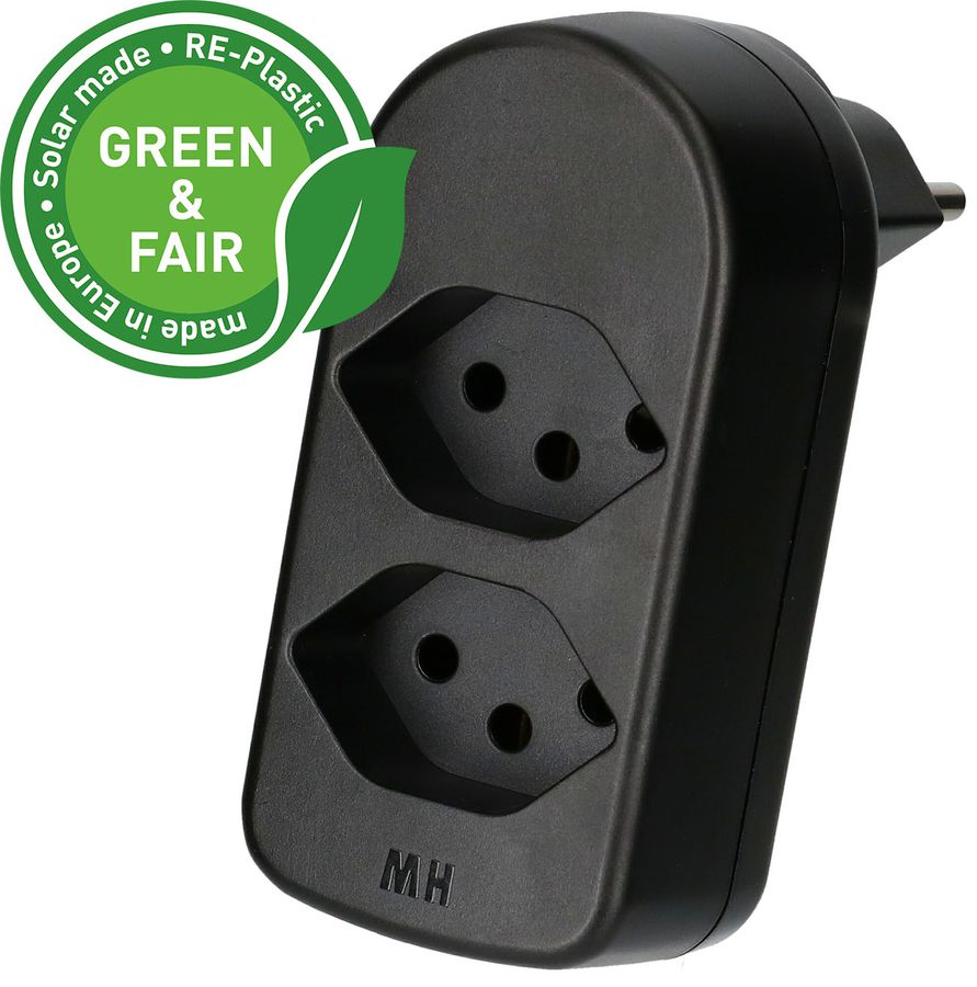 Abzweigstecker ADAPT 2x Typ 13 schwarz drehbar Green+Fair
