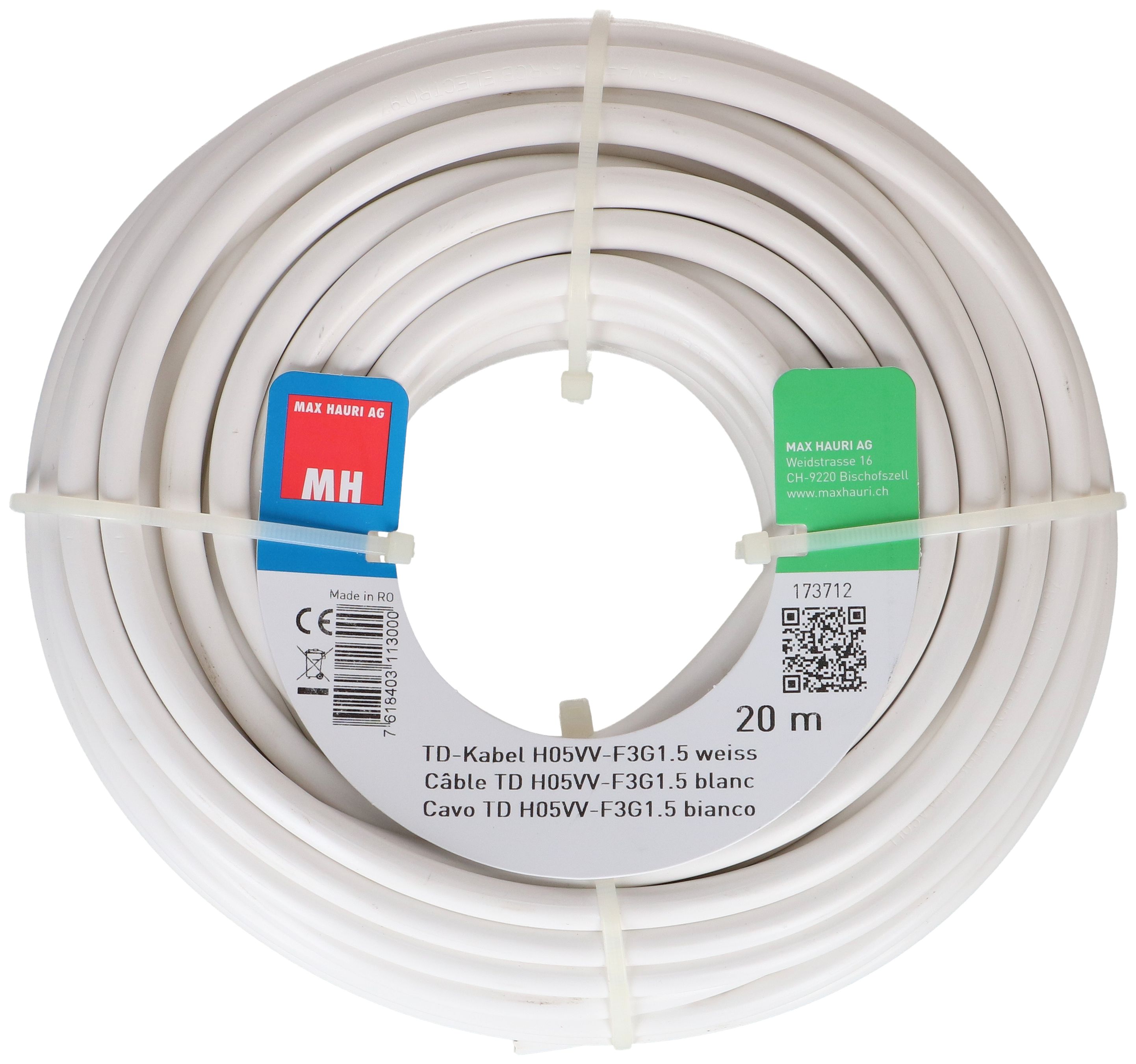 câble TD H05VV-F3G1.5 20m blanc
