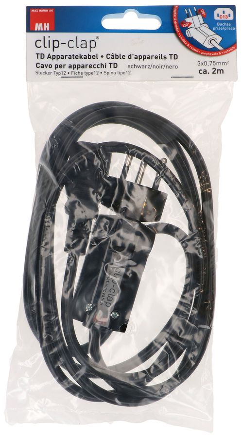 TD-Apparatekabel H05VV-F3G0.75 2m schwarz Typ 12 clip-clap/C13