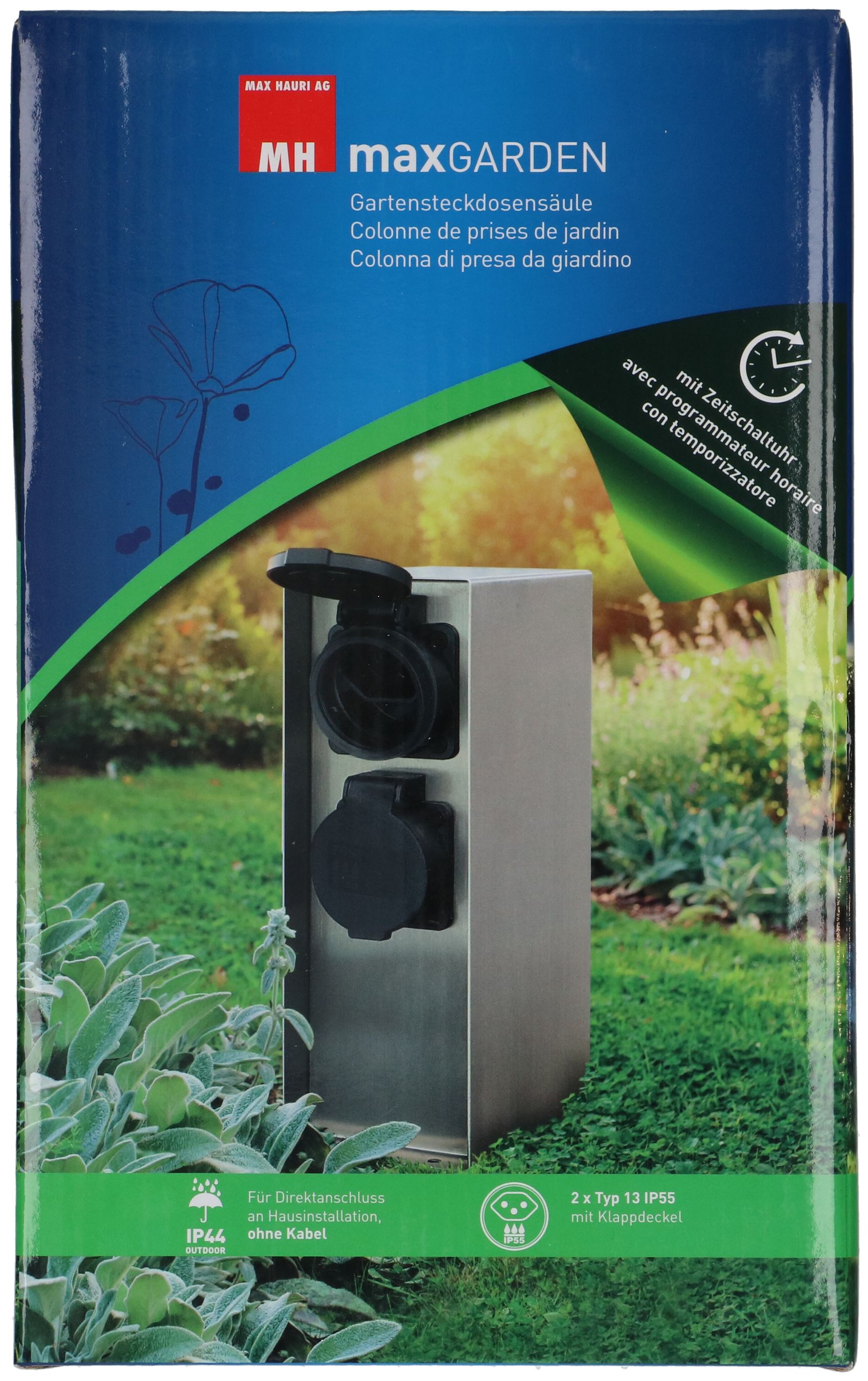 Gartensteckdosensäule 2x Typ 13 IP55 mit Zeitschaltuhr Stahl