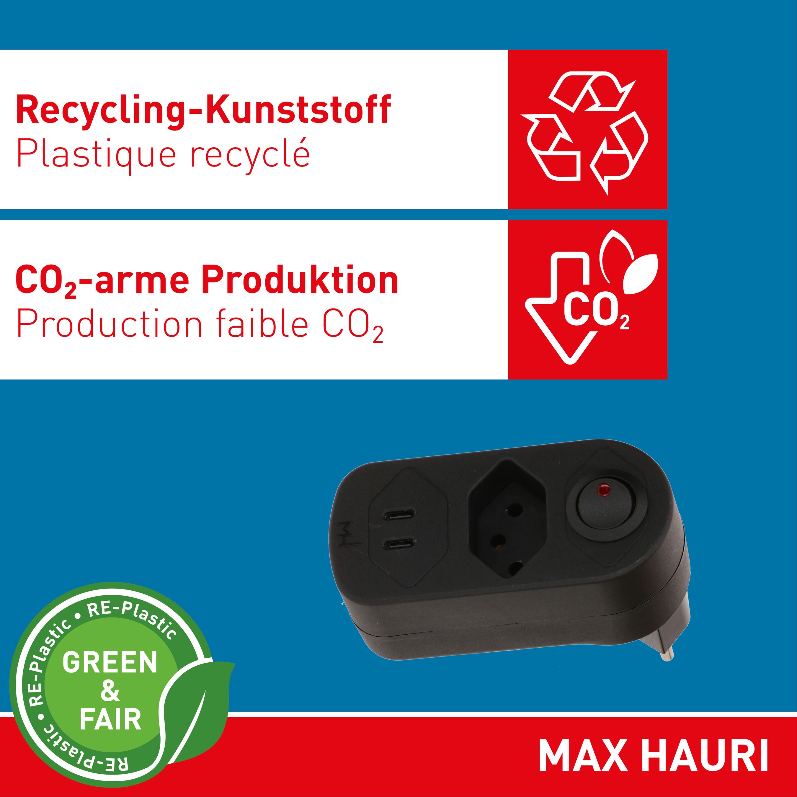 Abzweigstecker ADAPT 1x Typ 13 USB-C/C 20W sw drehbar Green+Fair