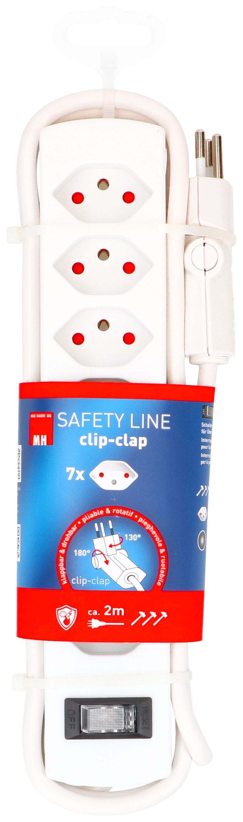 multiprise Safety Line 7x type 13 BS blanc interrupteur 2m cli.