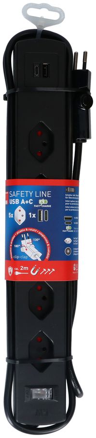 Steckdosenl. Safety Line 5xTyp 13 90° BS sw Scha. USB Mag.2m cli.