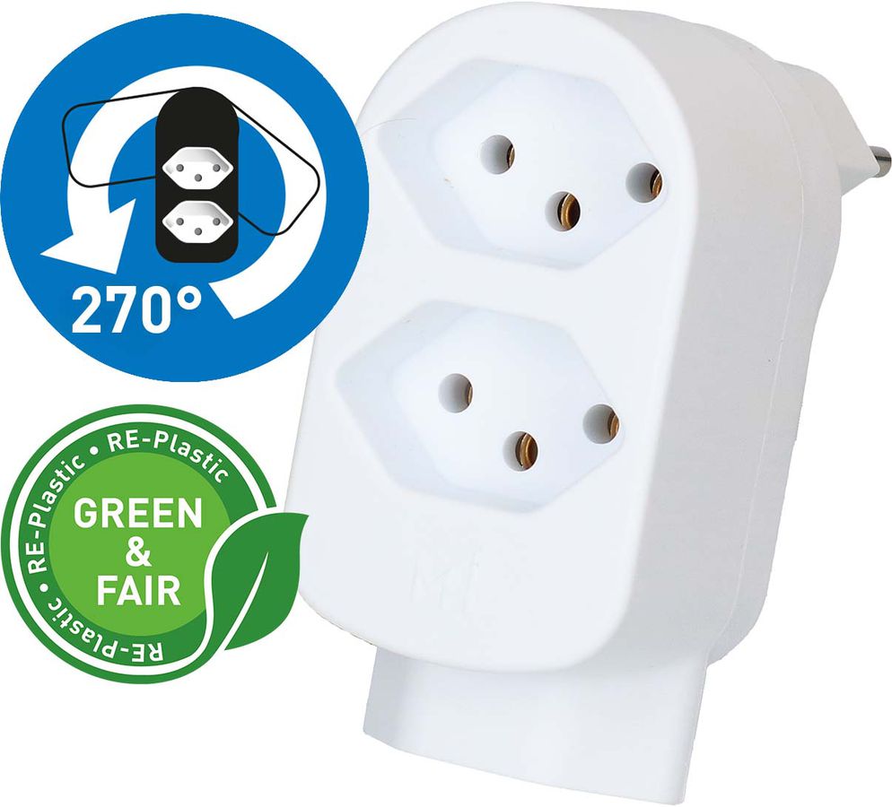 Abzweigstecker ADAPT 2+1x Typ 13 weiss drehbar Green+Fair