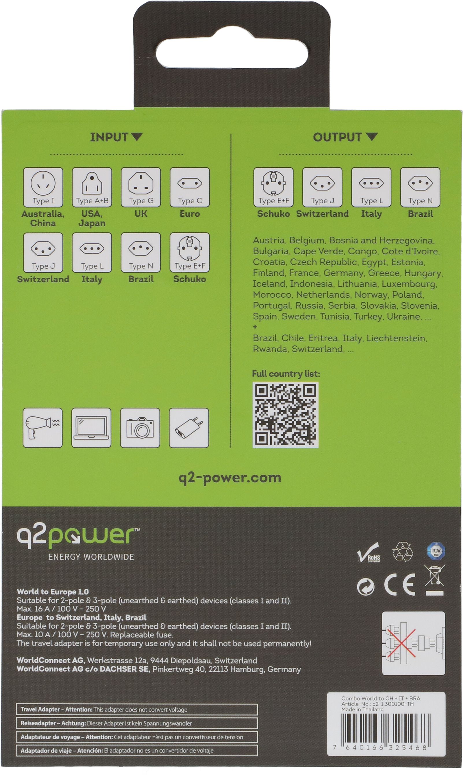 Q2 Power adaptateur mondial Combo World to CH & Schuko