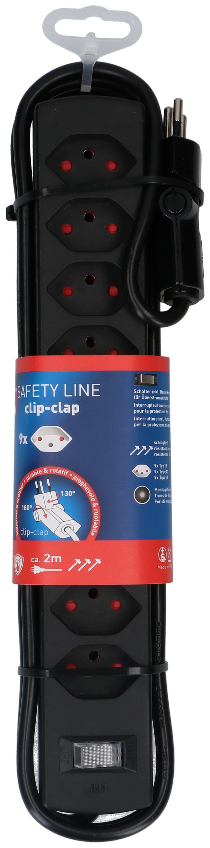 Steckdosenleiste Safety Line 9x Typ 13 BS sw Schalter 2m cli.