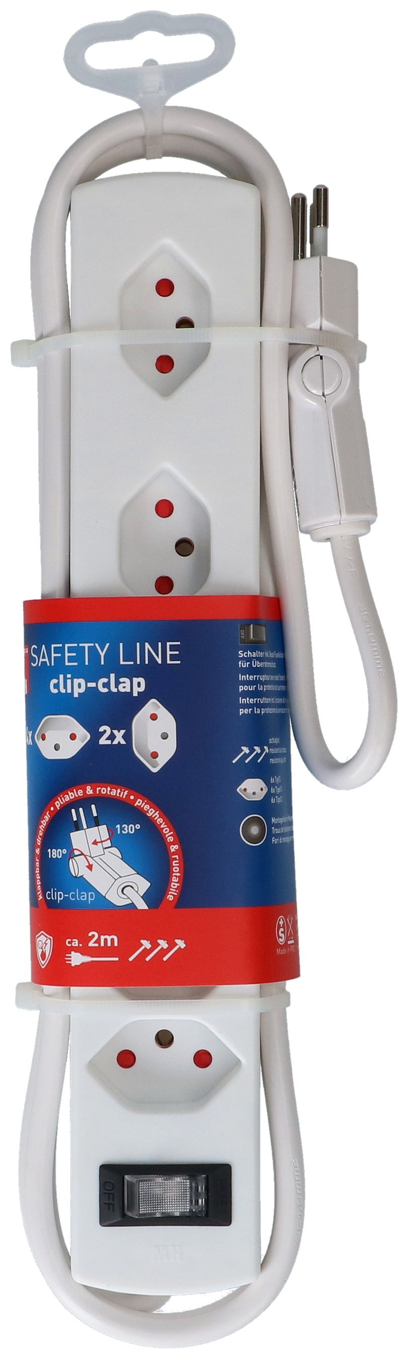 Steckdosenleiste Safety Line 6x Typ 13 2x 90° BS ws Scha. 2m cli.