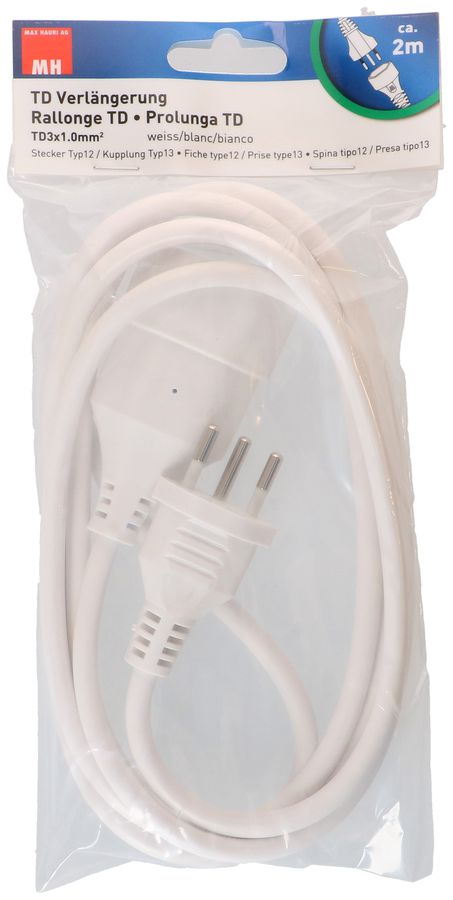 Rallonge TD H05VV-F3G1.0 2m blanc BS type 12 / type 13