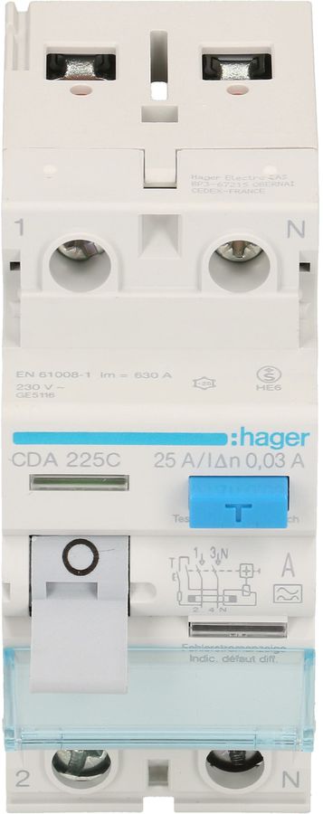 interrupteur différentiel 1P+N 25A 30mA type A 6kA