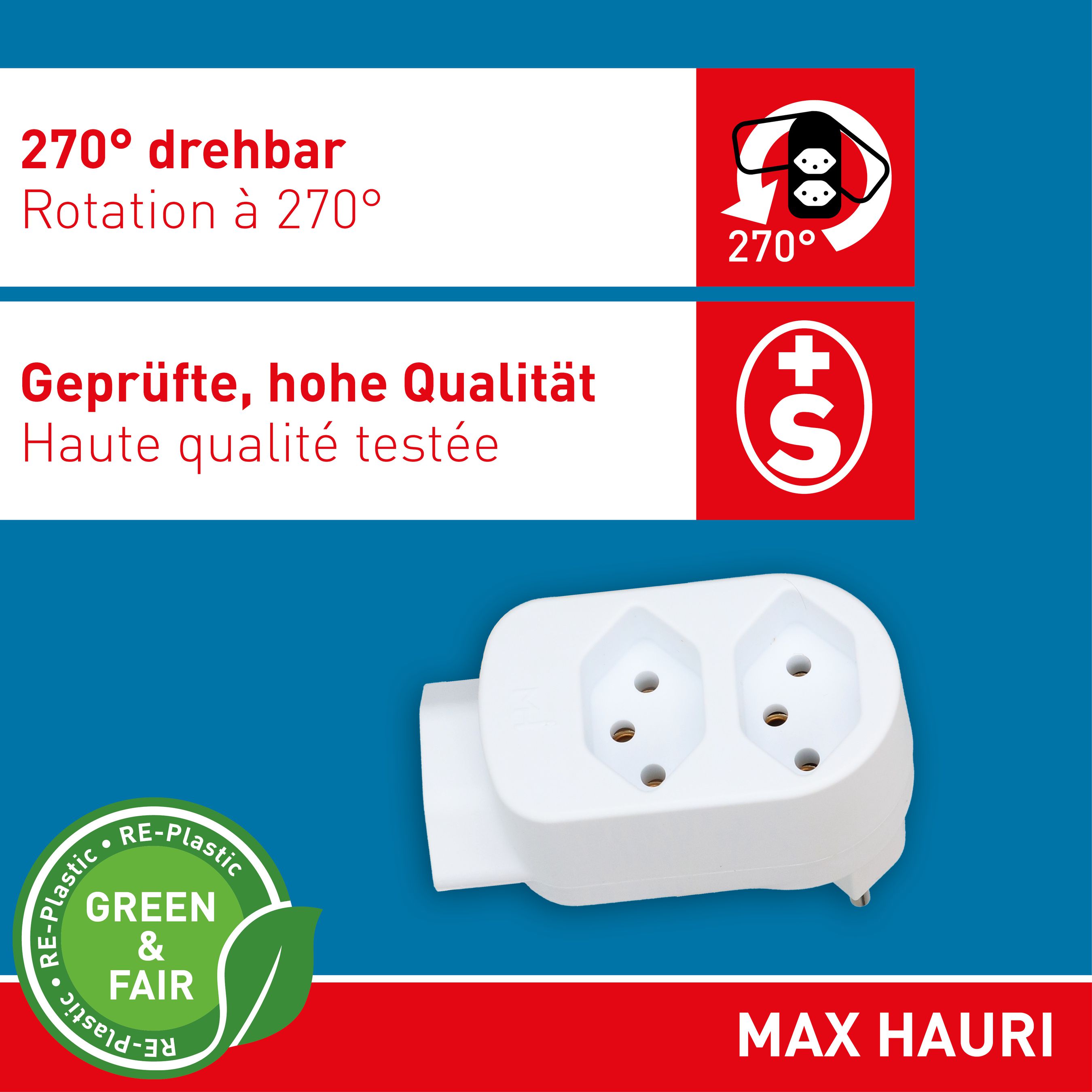Abzweigstecker ADAPT 2+1x Typ 13 weiss drehbar Green+Fair