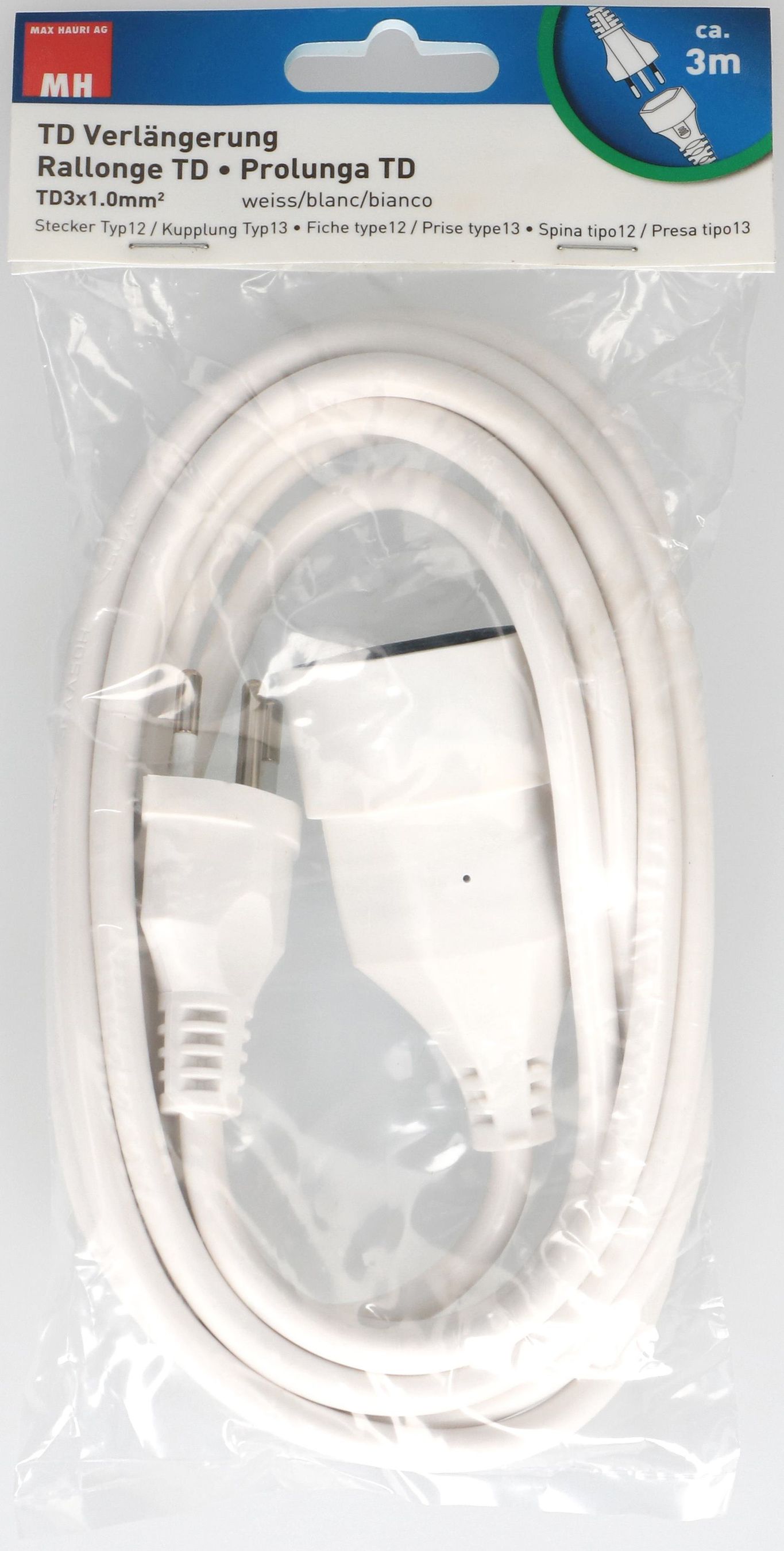 TD-Verlängerung H05VV-F3G1.0 3m weiss BS Typ 12 / Typ 13