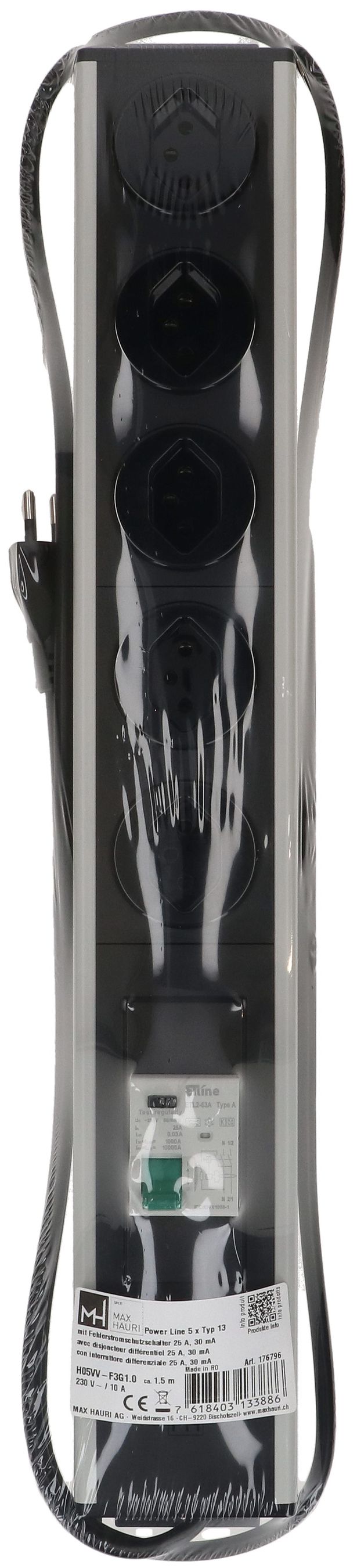 Steckdosenleiste Power Line 5x Typ 13 gr/sw FI 30mA / 10A 1.5m