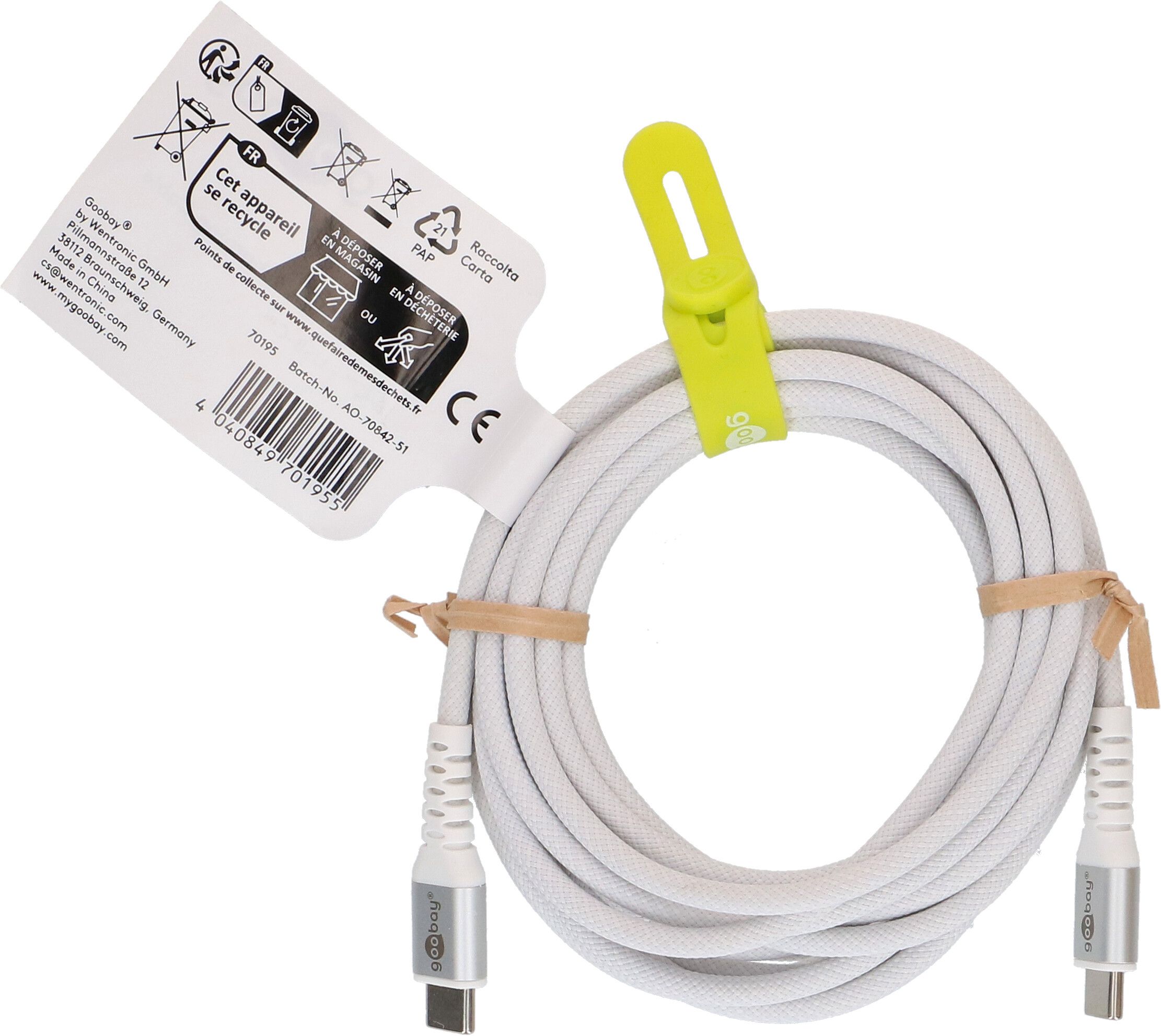 cavo di ricarica USB-C tessuto supersoft 3m bianco