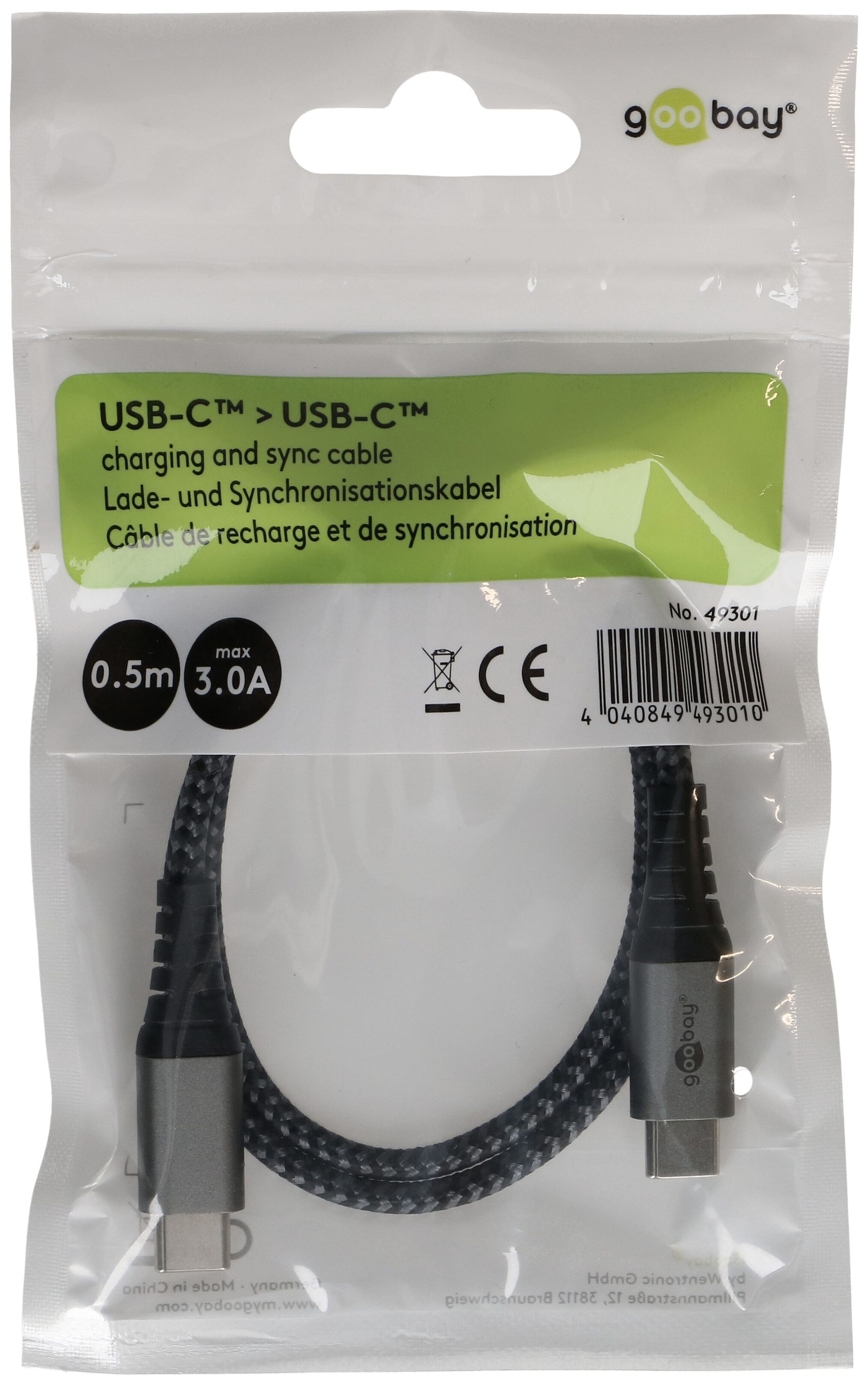 Cavo USB-C tessuto spina metallica extra robust 0.5m nero